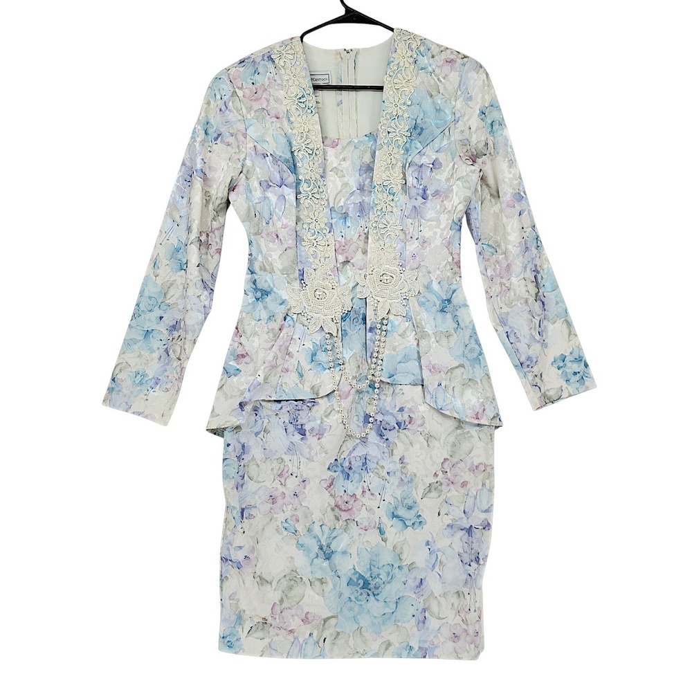Scott McClintock Dress 8 Blue Purple Floral Lace Pearl Peplum Vintage 1980s USA